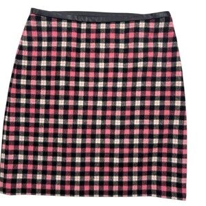 Talbots Pink Plaid Check Wool Blend Mini Skirt Faux Leather Trim Preppy 8